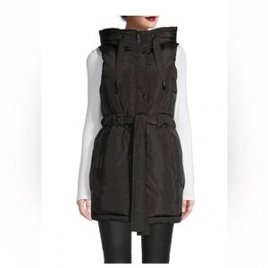 Sam Edelman Black Hooded Puffer Vest | Belted Quilted Sleeveless Jacket XS